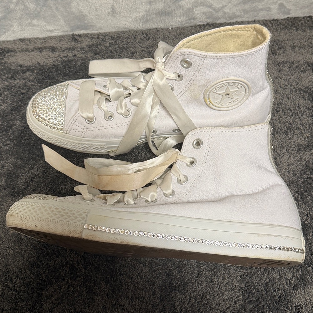 Custom White Converse High Tops Swarovski Crystal Encrusted Women’s 9 - Picture 6 of 8